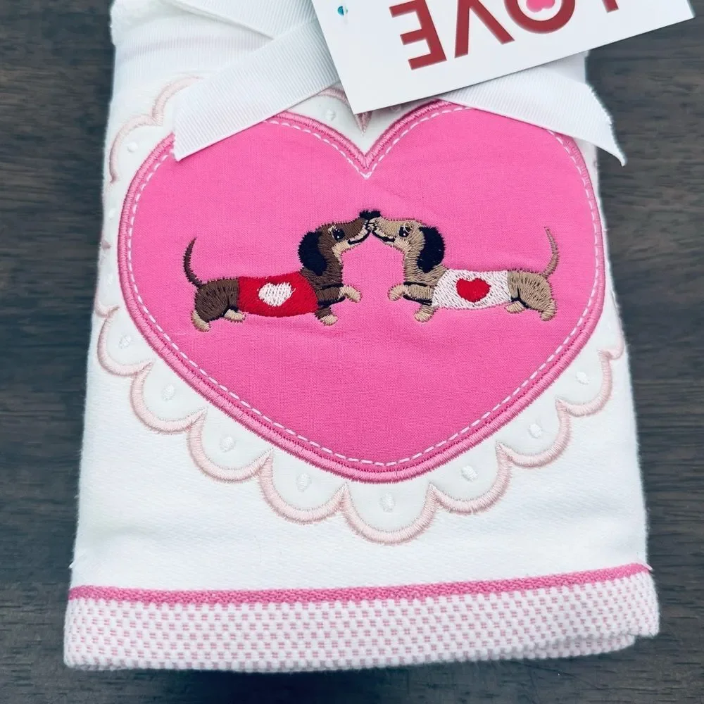 Pink Valentine Dachshund Dog Heart Embroidered Hand Towels Set